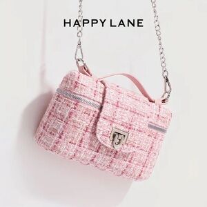 Happy Lane Pink Tweed Bouclé Crossbody Bag Silver Chain Strap Turn Lock NIP